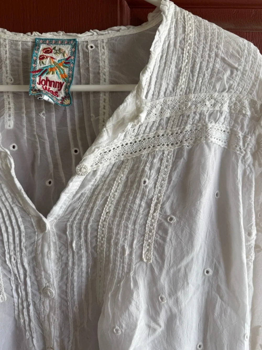 Johnny Was Embroidered White Peasant Blouse - Boho Button Front Top - Picture 2 of 7